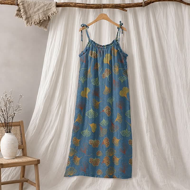 Abito midi da casa con laccetti e foglie di ginkgo - Blu e arancione - XL - image 0