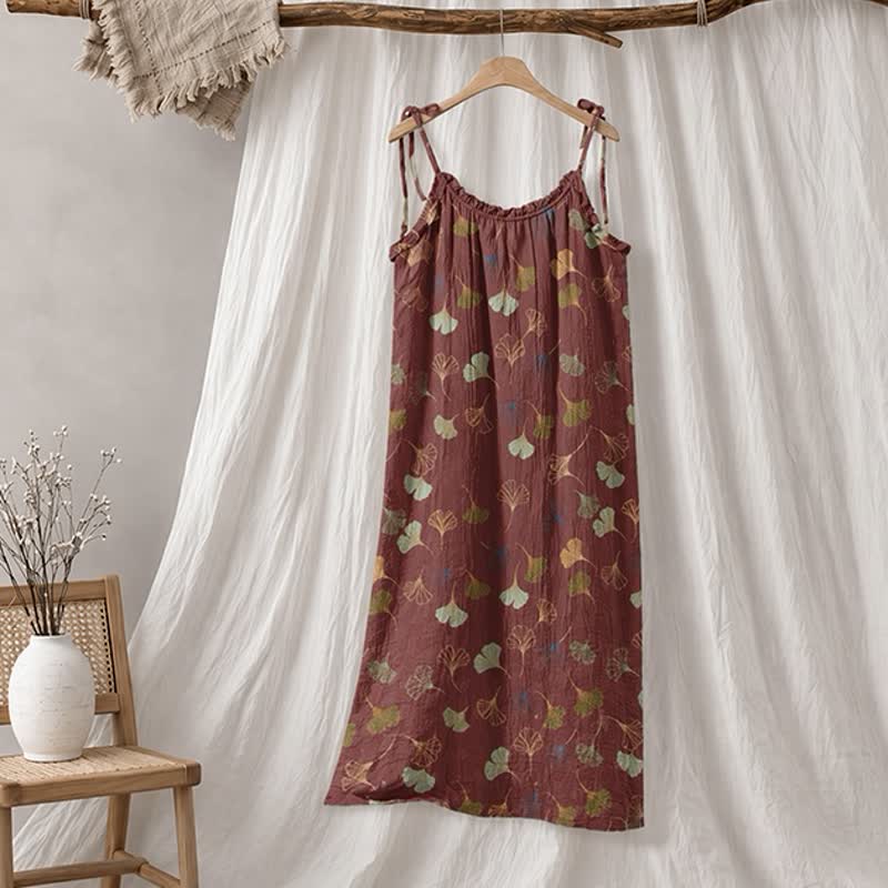 Abito midi da casa con laccetti e foglie di ginkgo - Cammello e Verde - XL - image 45