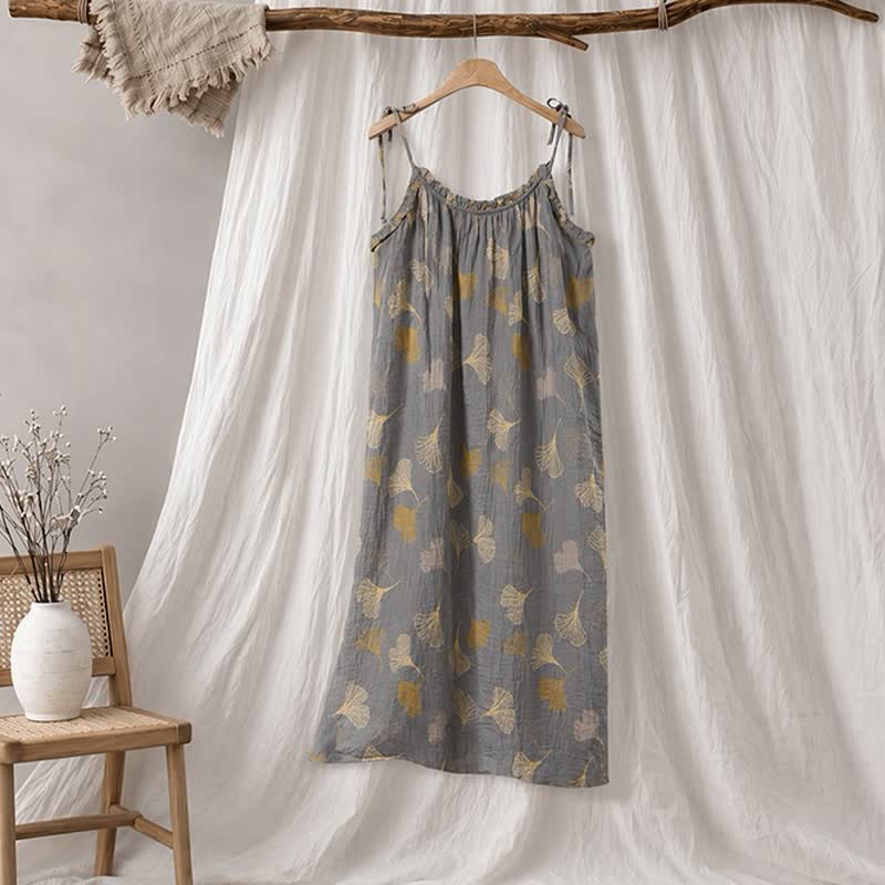Abito midi da casa con laccetti e foglie di ginkgo - Grigio scuro e giallo - XL - image 15