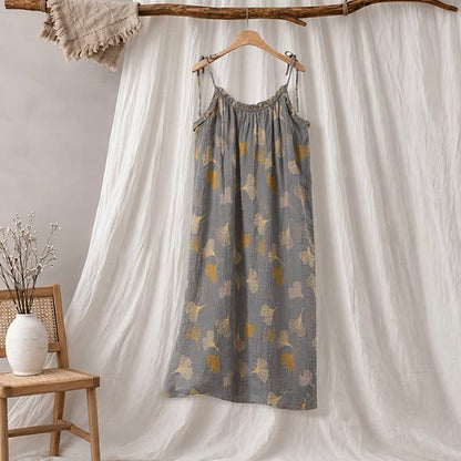 Abito midi da casa con laccetti e foglie di ginkgo - Grigio scuro e giallo - XL - image 15