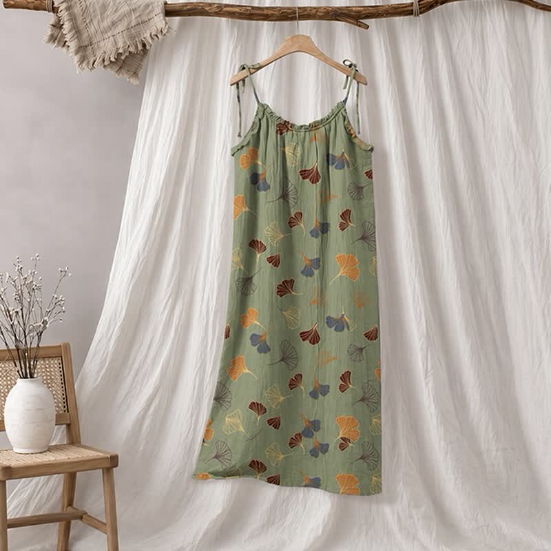 Abito midi da casa con laccetti e foglie di ginkgo - Verde e Cammello - XL - image 40