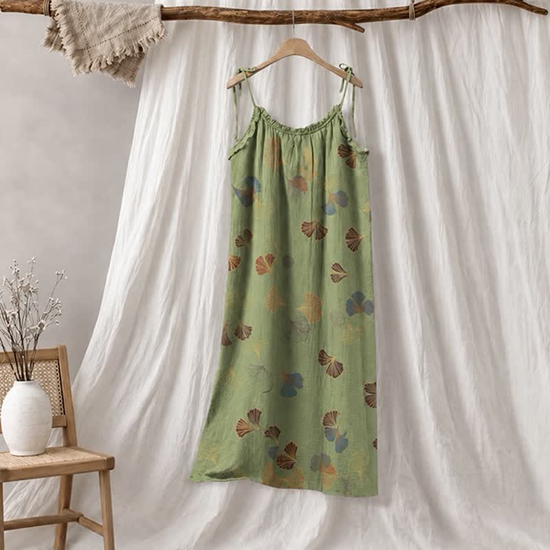 Abito midi da casa con laccetti e foglie di ginkgo - Verde e rosso - XL - image 35
