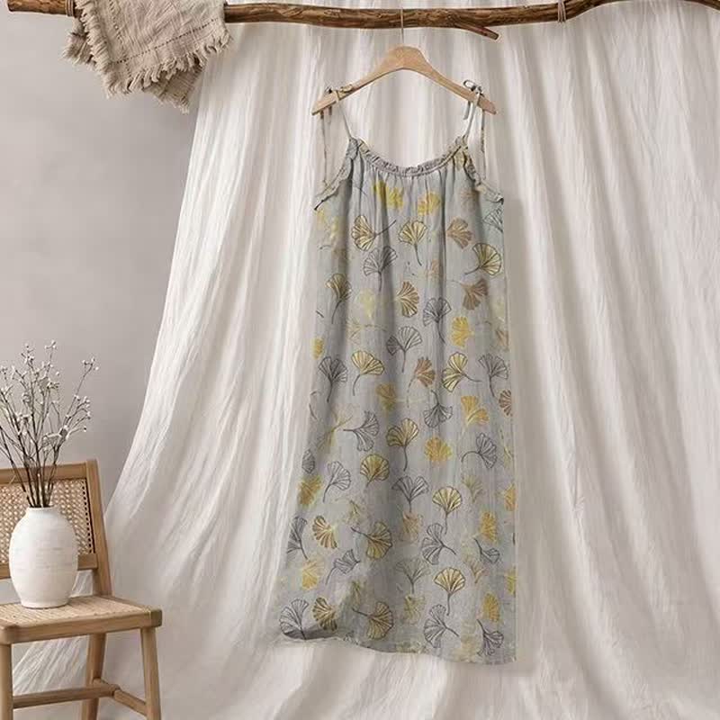 Abito midi da casa con laccetti e foglie di ginkgo - Grigio chiaro e giallo scuro - XL - image 25