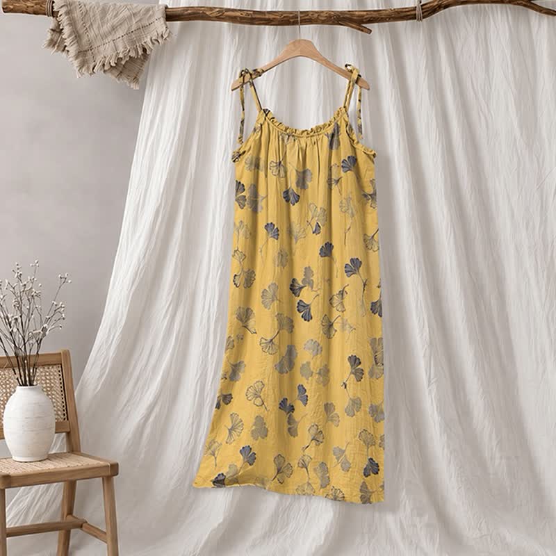 Abito midi da casa con laccetti e foglie di ginkgo - Giallo e grigio scuro - XL - image 10