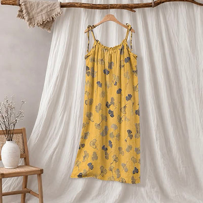 Abito midi da casa con laccetti e foglie di ginkgo - Giallo e grigio scuro - XL - image 10