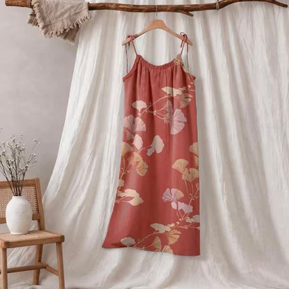 Abito lungo da casa con laccetti e motivo a foglie di ginkgo - Rosso e Nudo - XL - image 10