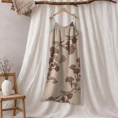 Abito lungo da casa con laccetti e motivo a foglie di ginkgo - Beige e caffè - XL - image 20