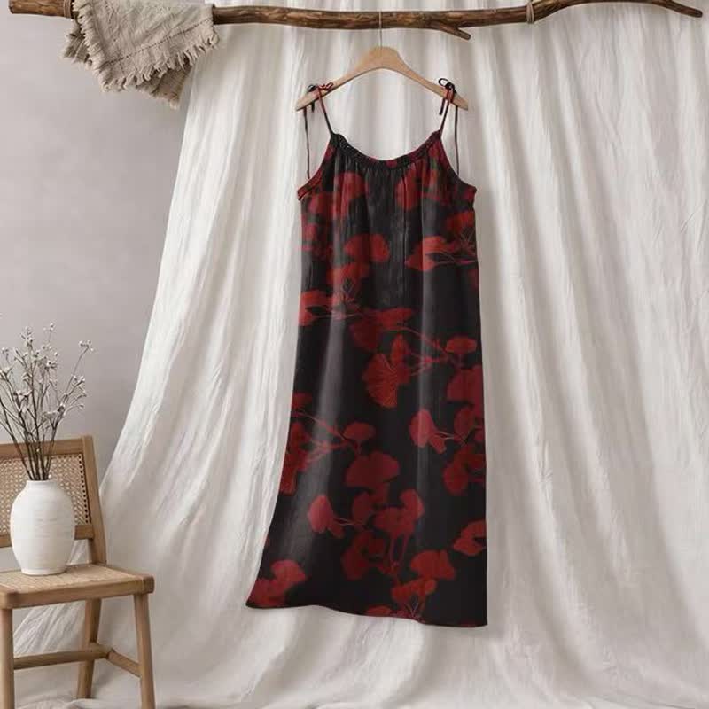 Abito lungo da casa con laccetti e motivo a foglie di ginkgo - Nero e rosso - XL - image 30