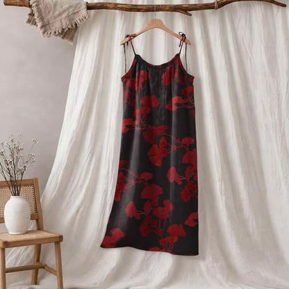 Abito lungo da casa con laccetti e motivo a foglie di ginkgo - Nero e rosso - XL - image 30