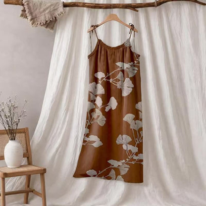 Abito lungo da casa con laccetti e motivo a foglie di ginkgo - Caffè e beige - XL - image 25