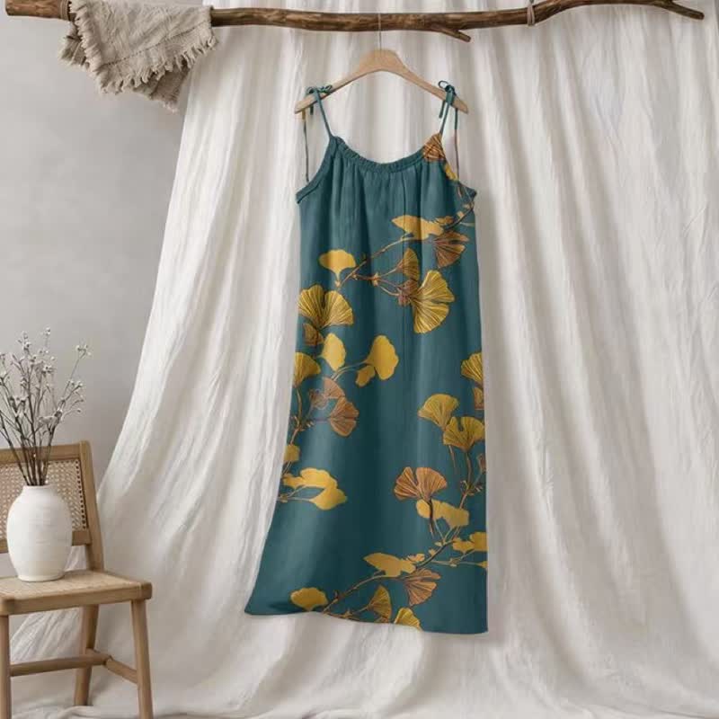 Abito lungo da casa con laccetti e motivo a foglie di ginkgo - Verde e arancione - XL - image 5