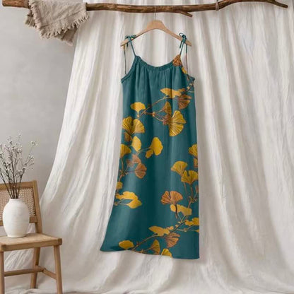 Abito lungo da casa con laccetti e motivo a foglie di ginkgo - Verde e arancione - XL - image 5