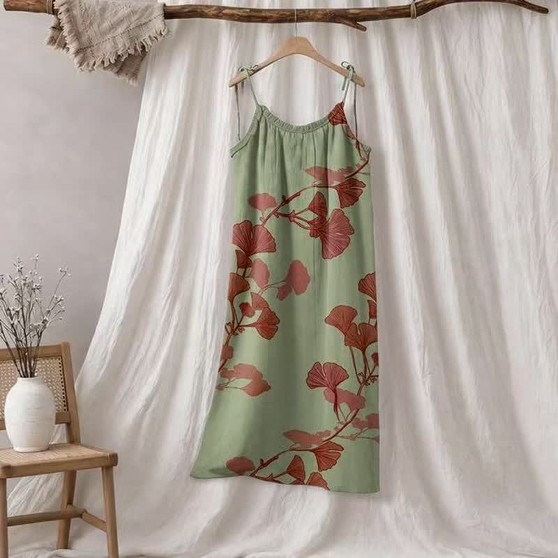 Abito lungo da casa con laccetti e motivo a foglie di ginkgo - Verde e rosso - XL - image 5