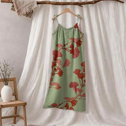 Abito lungo da casa con laccetti e motivo a foglie di ginkgo - Verde e rosso - XL - image 5