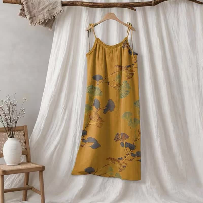 Abito lungo da casa con laccetti e motivo a foglie di ginkgo - Arancione e verde - XL - image 45
