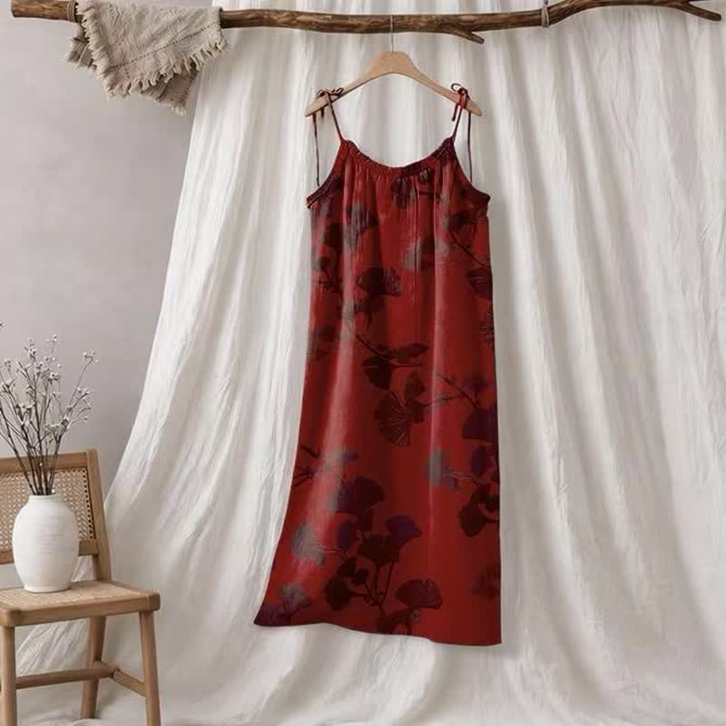 Abito lungo da casa con laccetti e motivo a foglie di ginkgo - Rosso e nero - XL - image 35