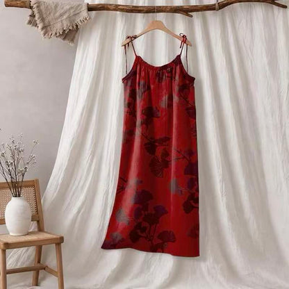 Abito lungo da casa con laccetti e motivo a foglie di ginkgo - Rosso e nero - XL - image 35