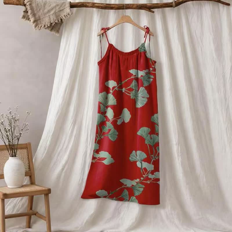 Abito lungo da casa con laccetti e motivo a foglie di ginkgo - Rosso e verde - XL - image 0