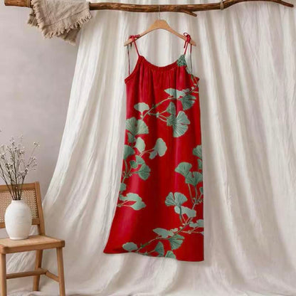 Abito lungo da casa con laccetti e motivo a foglie di ginkgo - Rosso e verde - XL - image 0
