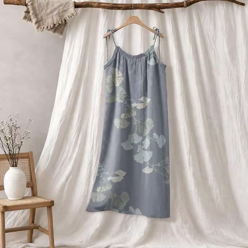 Abito midi da casa in cotone con laccetti e foglie di ginkgo - Blu e verde chiaro - XL - image 0