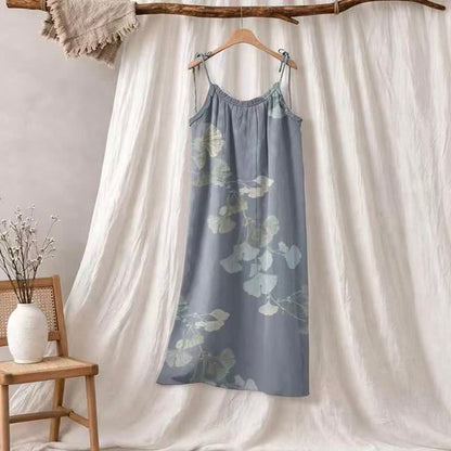 Abito midi da casa in cotone con laccetti e foglie di ginkgo - Blu e verde chiaro - XL - image 0