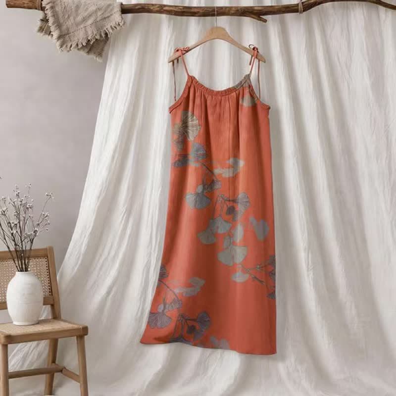 Abito midi da casa in cotone con laccetti e foglie di ginkgo - Arancione e verde - XL - image 10