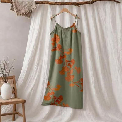 Abito midi da casa in cotone con laccetti e foglie di ginkgo - Verde e arancione - XL - image 15