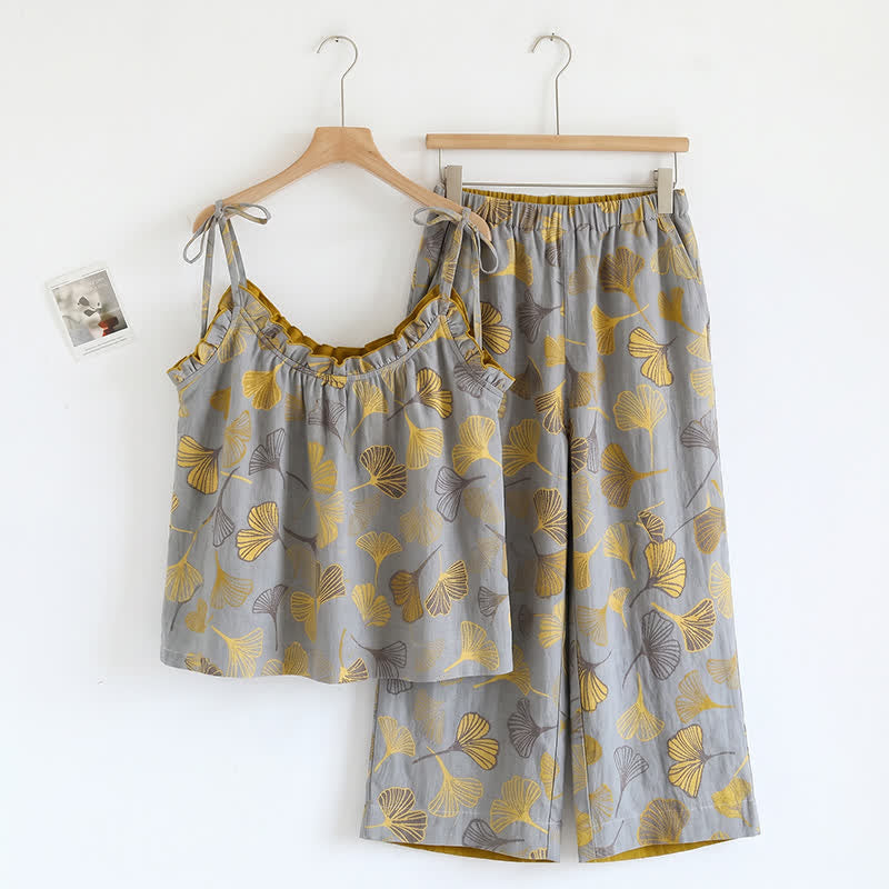 Completo da casa con stampa a foglie di ginkgo e spalline da annodare - Grigio chiaro e giallo scuro - XL - image 3