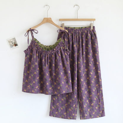 Completo da casa romantico con canotta e pantaloni a fantasia floreale. - Viola e verde - XL - image 0