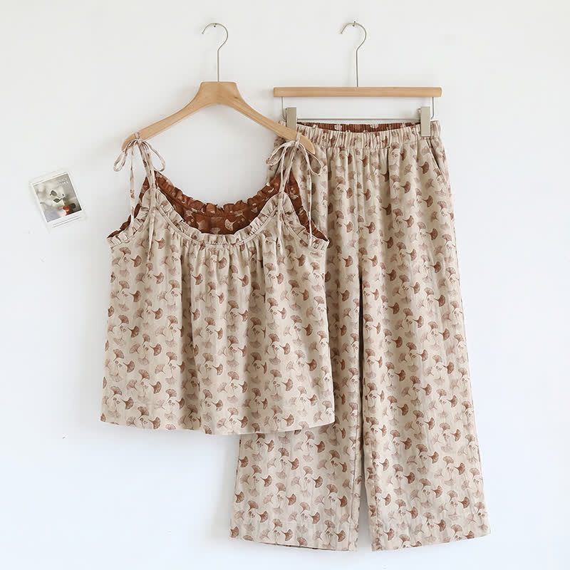 Completo da casa romantico con canotta e pantaloni a fantasia floreale. - Beige e caffè - XL - image 3