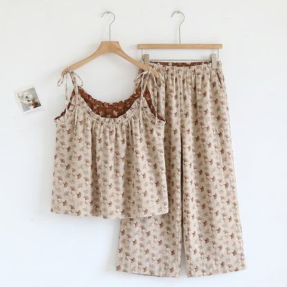 Completo da casa romantico con canotta e pantaloni a fantasia floreale. - Beige e caffè - XL - image 3
