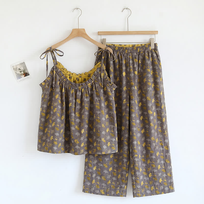 Completo da casa romantico con canotta e pantaloni a fantasia floreale. - Marrone e giallo - XL - image 6