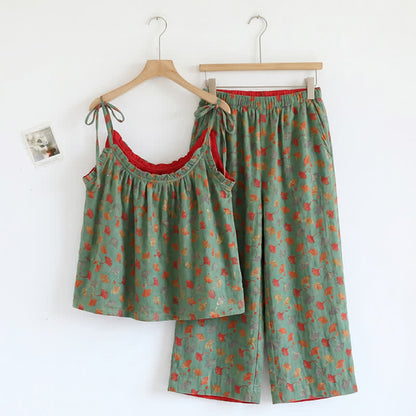 Completo da casa romantico con canotta e pantaloni a fantasia floreale. - Verde e rosso - XL - image 6
