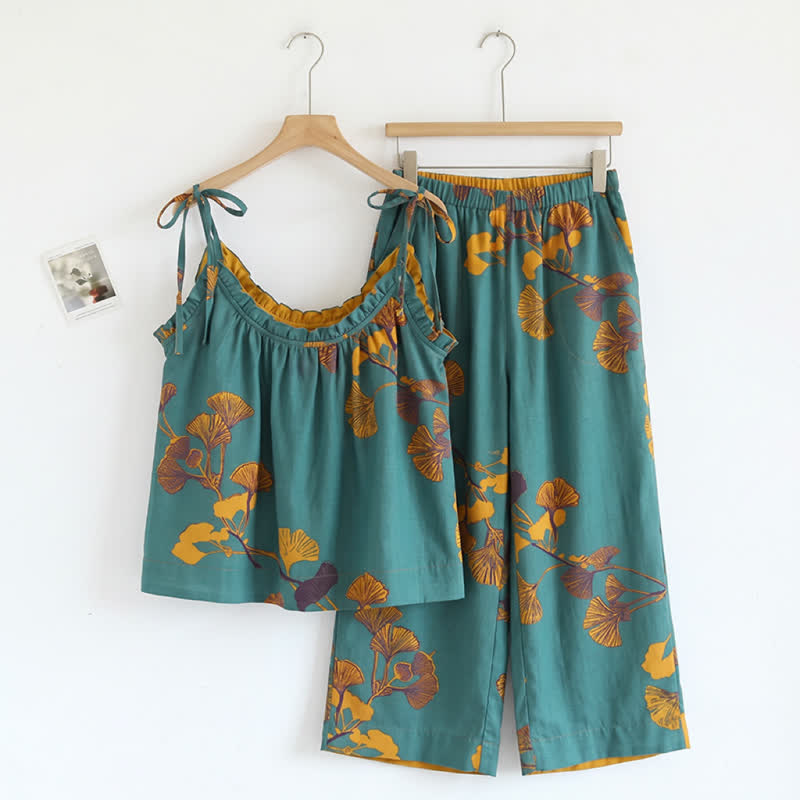 Completo da casa composto da canotta e pantaloni con motivo a foglie botaniche. - Verde e arancione - XL - image 0