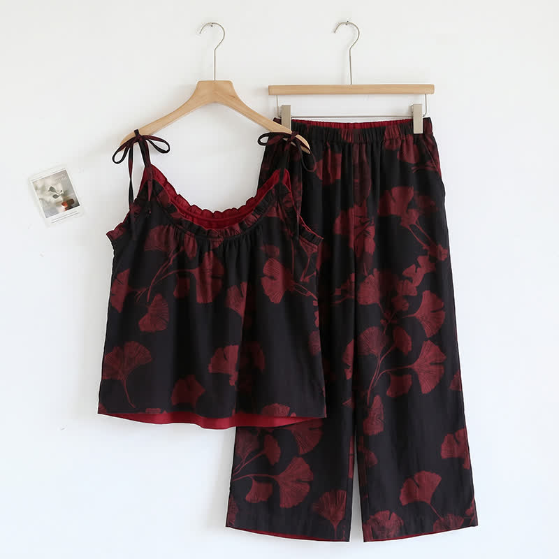 Completo da casa composto da canotta e pantaloni con motivo a foglie botaniche. - Nero e rosso - XL - image 3