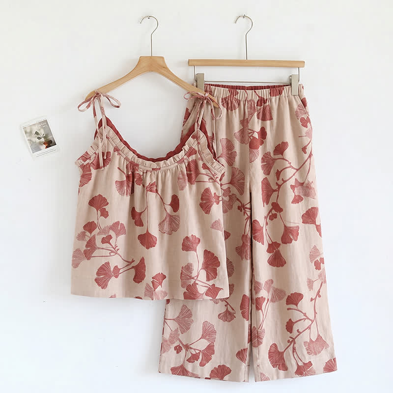 Completo da casa composto da canotta e pantaloni con motivo a foglie botaniche. - Nudo e rosso - XL - image 9
