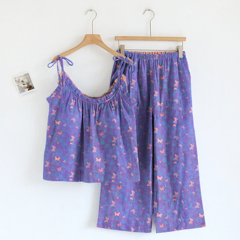 Completo composto da canotta e pantaloni da casa con stampa a farfalle. - Viola e rosa - XL - image 0