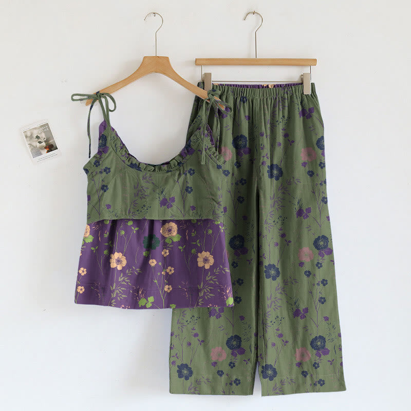 Completo pigiama vintage con canotta e pantaloni a fantasia floreale. - image 5