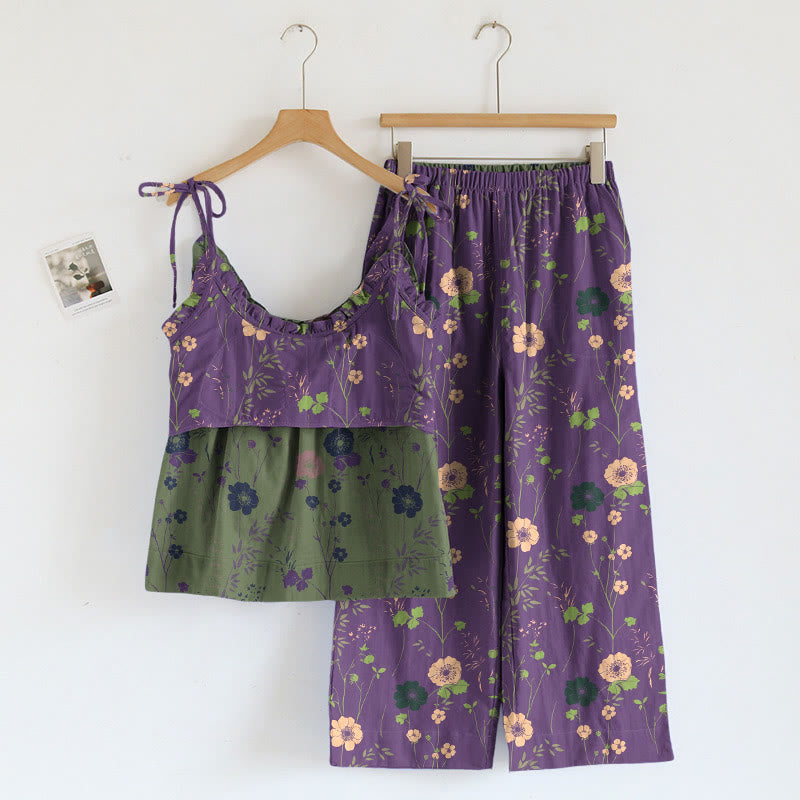 Completo pigiama vintage con canotta e pantaloni a fantasia floreale. - image 1
