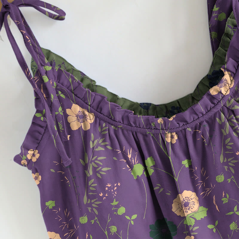 Completo pigiama vintage con canotta e pantaloni a fantasia floreale. - image 2