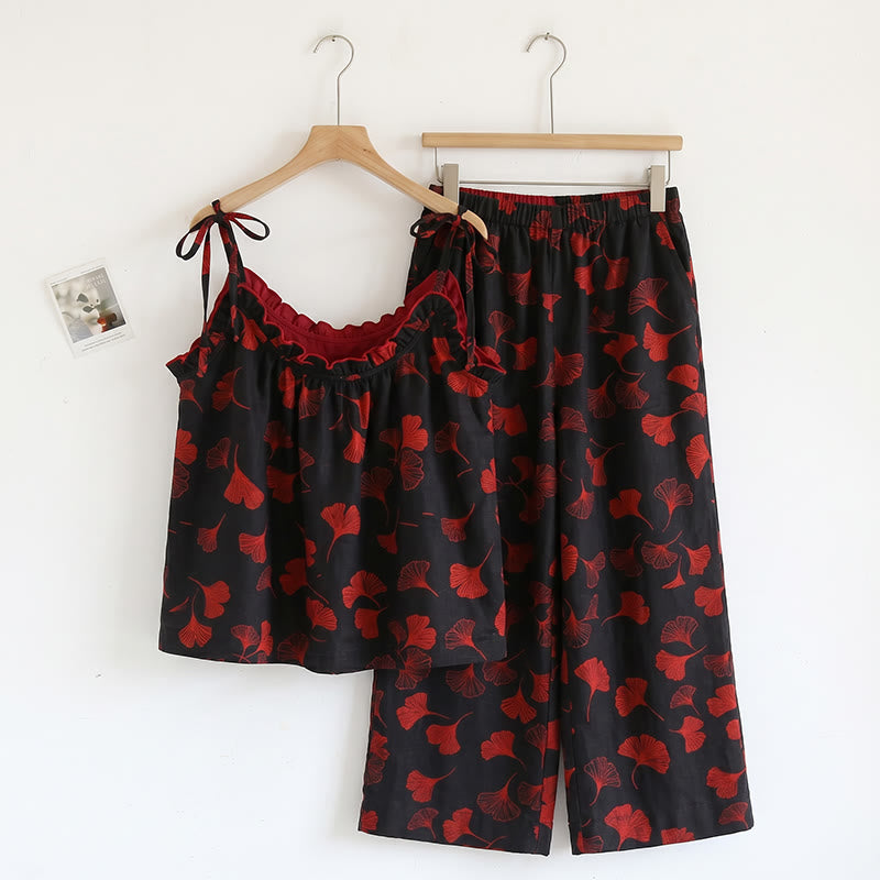 Completo da casa con stampa a foglie di ginkgo e spalline da annodare - Nero e rosso - XL - image 6