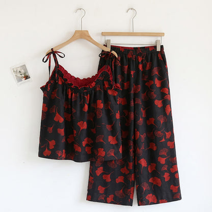 Completo da casa con stampa a foglie di ginkgo e spalline da annodare - Nero e rosso - XL - image 6