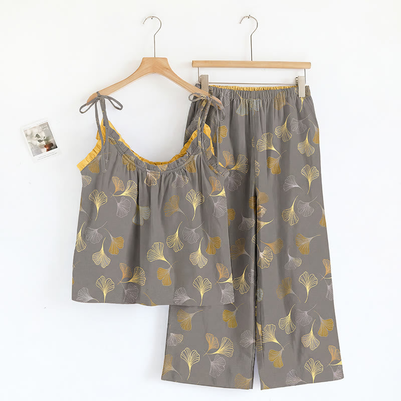 Completo da casa con stampa a foglie di ginkgo e spalline da annodare - Grigio scuro e giallo - XL - image 9