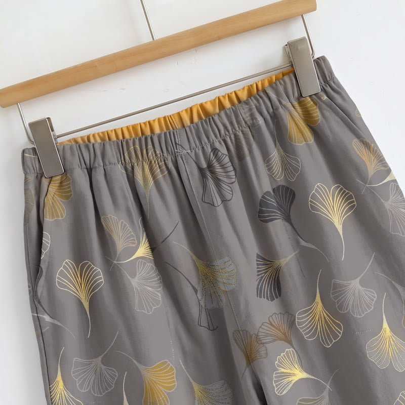 Completo da casa con stampa a foglie di ginkgo e spalline da annodare - image 11