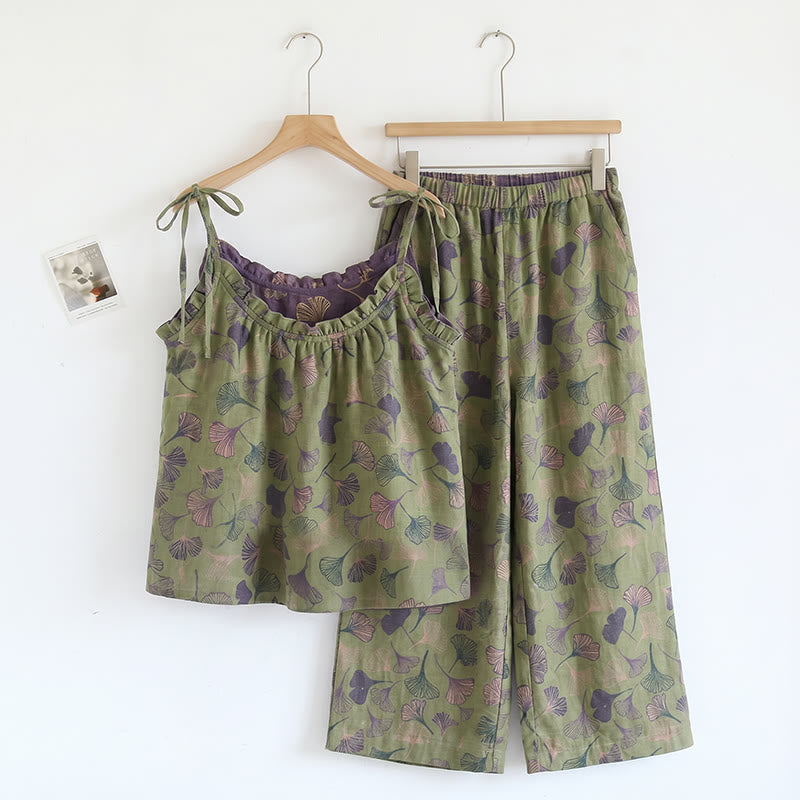 Completo da casa con stampa a foglie di ginkgo e spalline da annodare - Verde e viola - XL - image 12
