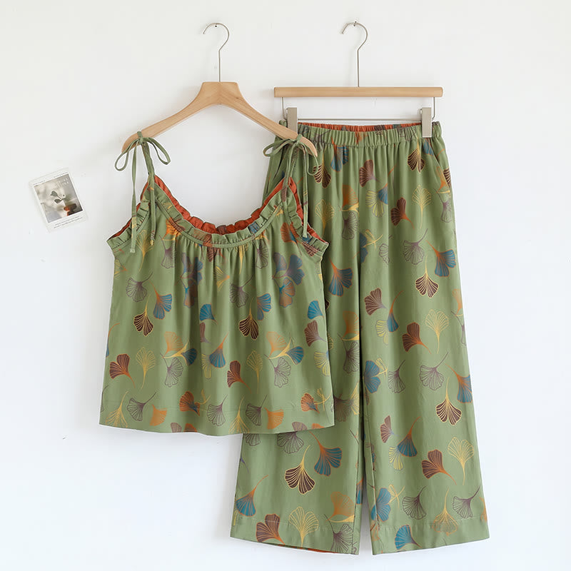 Completo da casa con stampa a foglie di ginkgo e spalline da annodare - Verde e rosso - XL - image 15