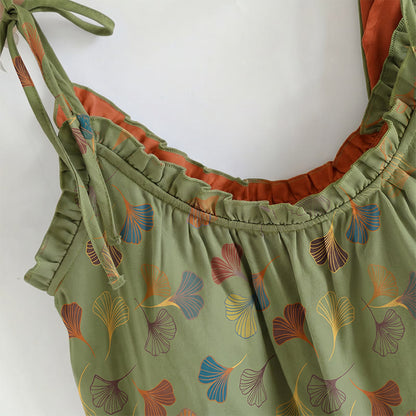 Completo da casa con stampa a foglie di ginkgo e spalline da annodare - image 16