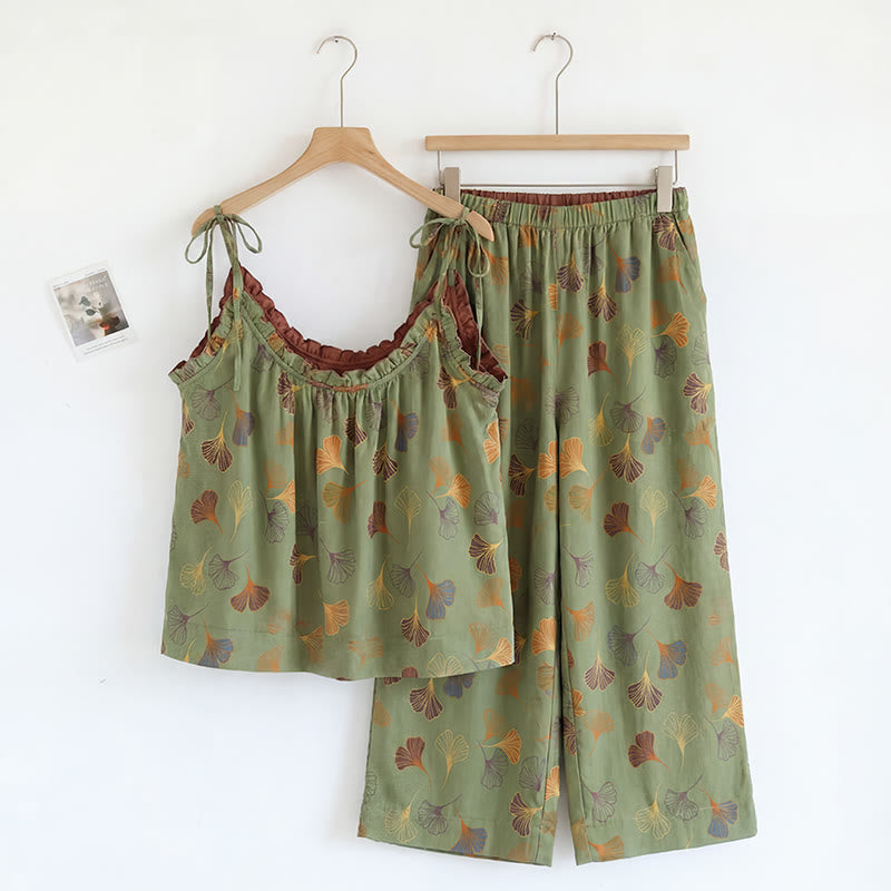 Completo da casa con stampa a foglie di ginkgo e spalline da annodare - Verde e Vino - XL - image 18