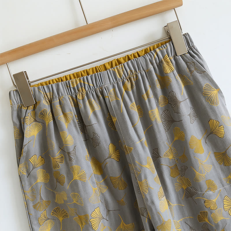 Completo da casa con stampa a foglie di ginkgo e spalline da annodare - image 5