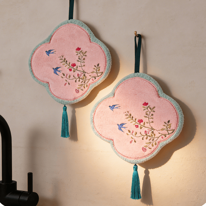 Asciugamano in pile di corallo con motivo uccelli e fiori - Rosa chiaro - 9'' × 9'' - 2 pezzi - image 0